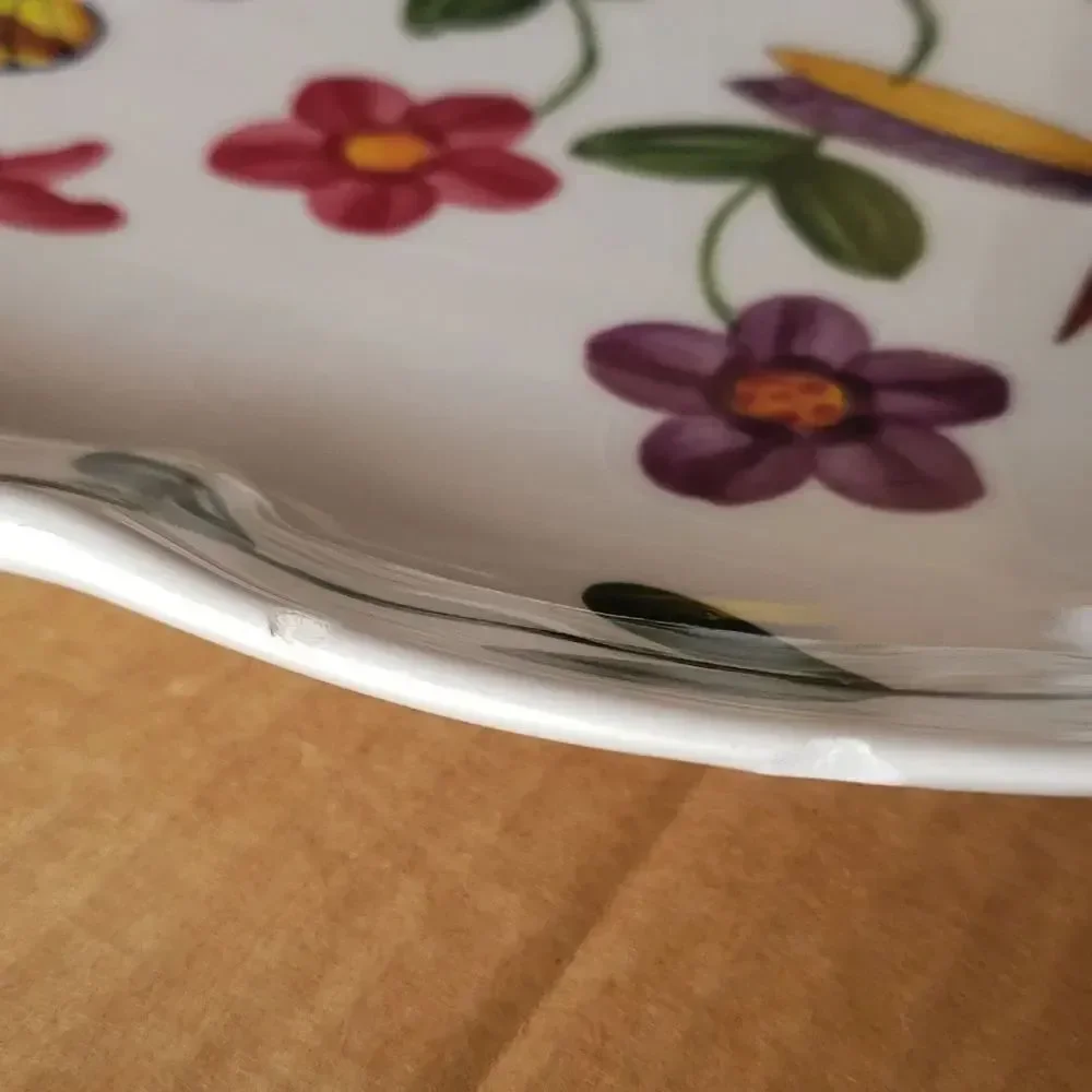 Vintage Handpainted Glazed Ceramic Serving Platter Butterfly Dragonfly Ladybug